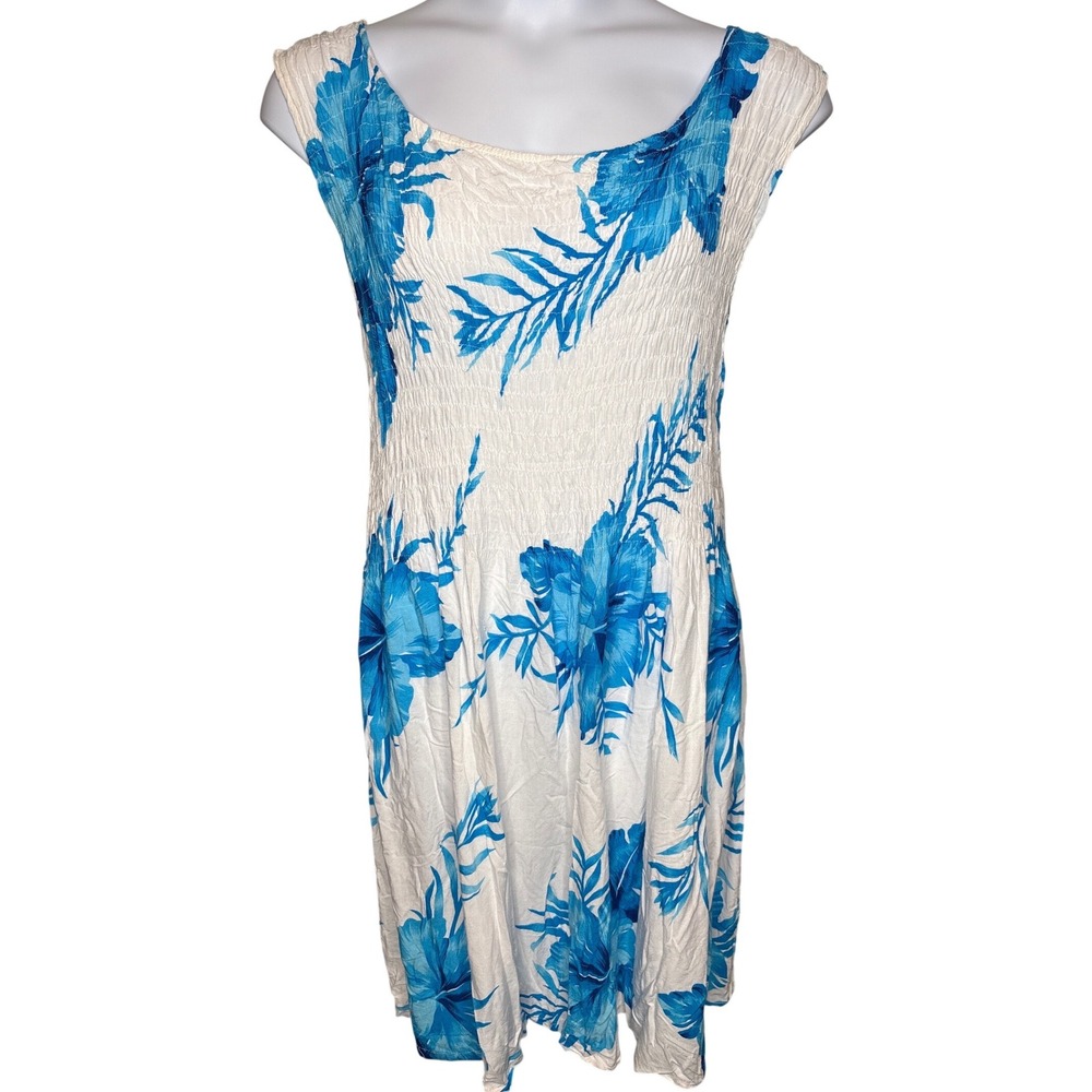 Thai Wo Womens White Blue Floral Smocked Midi Sundress OS Tropical Gauzy Crinkle